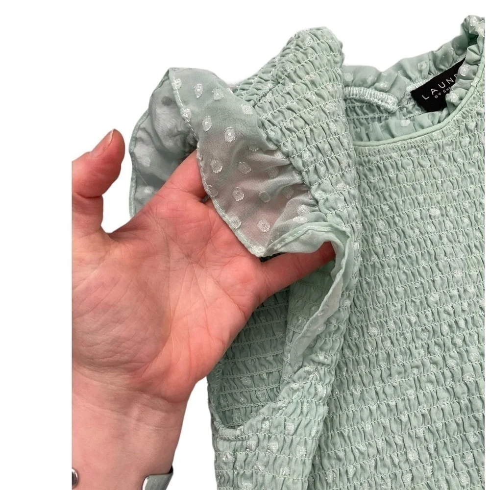 Laundry by Shelli Segal mint seafoam green smocked polka dot blouse with ruffles - Picture 7 of 8
